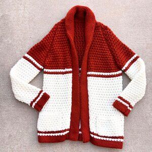 Vintage 70s Waffle-Stitch Shawl-Collar Hand Knit Cardigan – Large